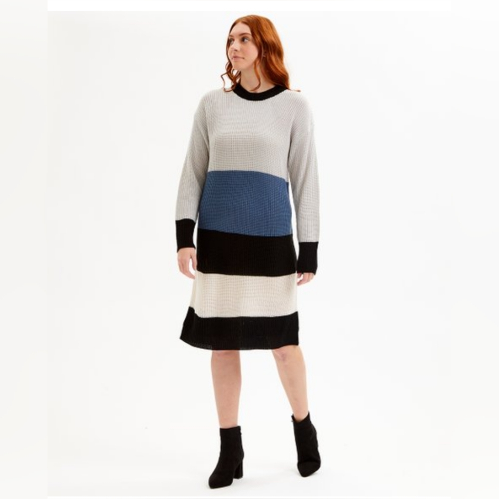 New Dark Blue & White Stripe Shaker-Stitch Sweater Dress